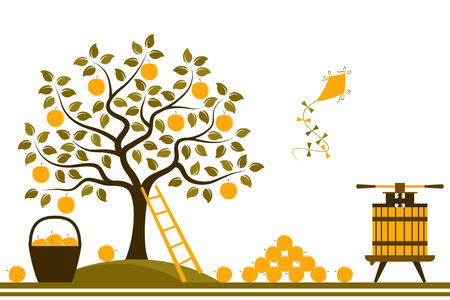 seamless border with apple tree, fruit press and basket of apples isolated on white backgroundのイラスト素材