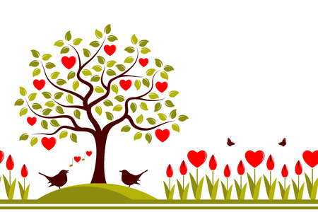 seamless border with heart tree, love birds and heart flowers isolated on white backgroundのイラスト素材