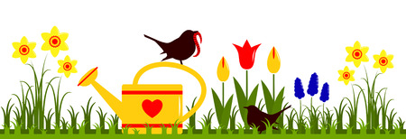 vector spring flowers, watering can and birds isolated on white backgroundのイラスト素材