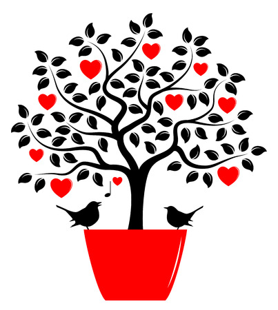 vector heart tree in pot and love birds isolated on white backgroundのイラスト素材