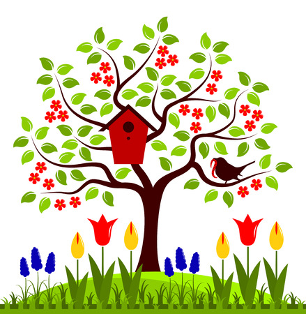 vector flowering tree with nesting bird box and bird bringing wormのイラスト素材