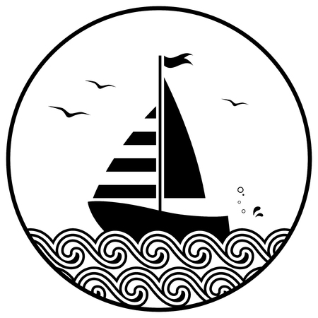 vector sailboat floating on the sea in round isolated on white backgroundのイラスト素材