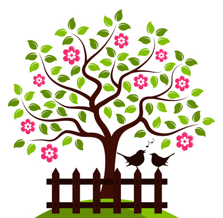 vector flowering tree and picket fence with couple of birds isolated on white backgroundのイラスト素材