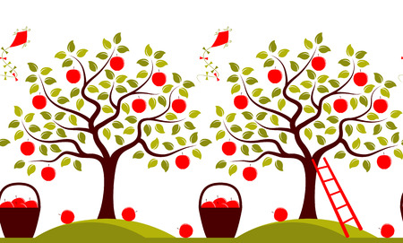 vector seamless border with apple trees and baskets of apples isolated on white backgroundのイラスト素材