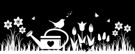 vector spring flowers, watering can and birds isolated on black backgroundのイラスト素材