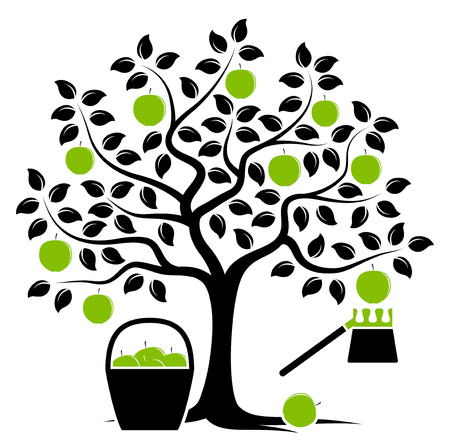 vector apple tree with basket of apples and fruit picker isolated on white backgroundのイラスト素材