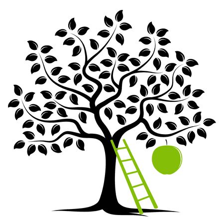 apple tree with one big apple and ladder isolated on white backgroundのイラスト素材