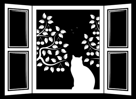 vector cat in the window and cherry trees outside the windowのイラスト素材