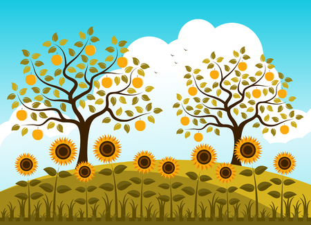 vector bed of sunflowers and apple trees in autumn gardenのイラスト素材