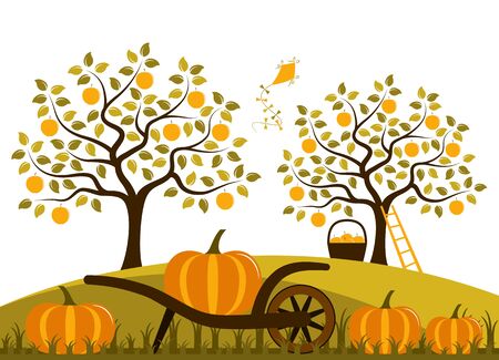 vector hand barrow with pumpkins in autumn gardenのイラスト素材