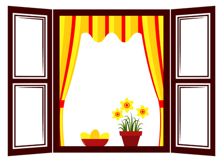 vector daffodils and easter eggs in the windowのイラスト素材