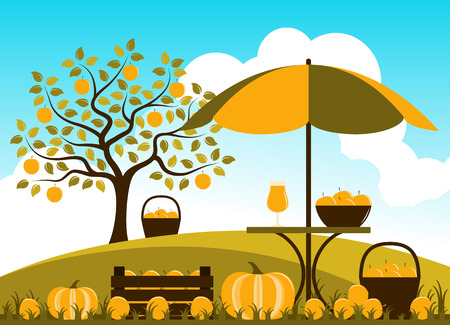 vector wooden crate of apples, pumpkins and table with apple drink in autumn gardenのイラスト素材