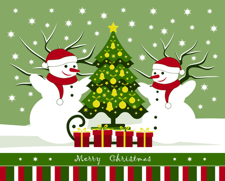 Christmas card with pair of snowmen and sledge with Christmas tree and gifts.のイラスト素材