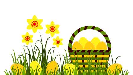 A vector clump of daffodils and Easter eggs in basket isolated on white backgroundのイラスト素材