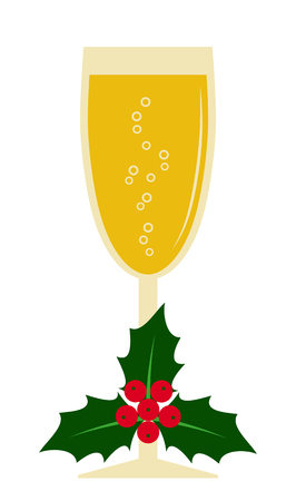 vector glass of champagne and holly isolated on white backgroundのイラスト素材