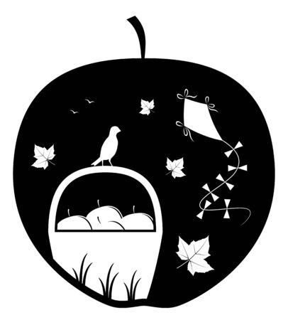 vector basket of apples, fallen leaves and kite in appleのイラスト素材