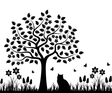 vector seamless border with flowering tree, spring flowers and cat isolated on white backgroundのイラスト素材