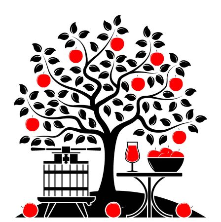 vector apple tree, fruit press and table with apple drink isolated on white backgroundのイラスト素材