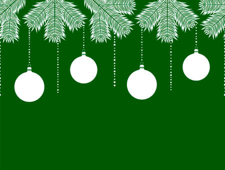 vector seamless border with christmas balls and spruce twigs on green backgroundのイラスト素材