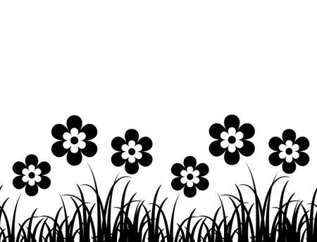 vector seamless border with flowers in grass isolated on white backgroundのイラスト素材