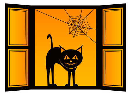 vector halloween window with black cat and spider netのイラスト素材