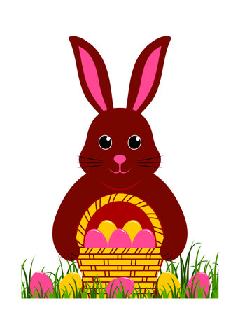 vector easter bunny with basket of easter eggs in grass isolated on white backgroundのイラスト素材