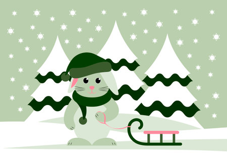 vector bunny with cap and scarf and sledge in snowy landscapeのイラスト素材
