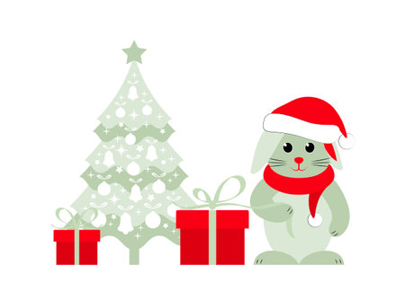 vector bunny with cap and scarf, christmas tree and gifts isolated on white backgroundのイラスト素材