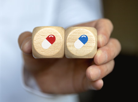 Red and blue pills on cube