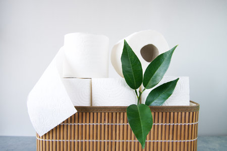 Toilet paper rolls and green leaves in wicker basket on grey tableの写真素材