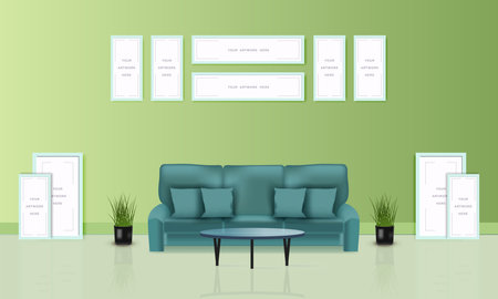 Modern living room interior design with realistic design, Photo frame mockup in the living roomのイラスト素材