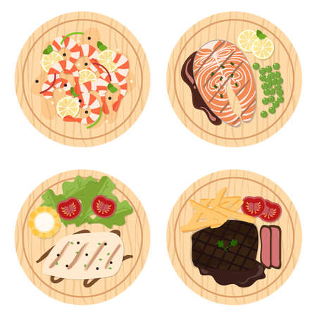 Food set, Seafood and steaks on wood platesのイラスト素材