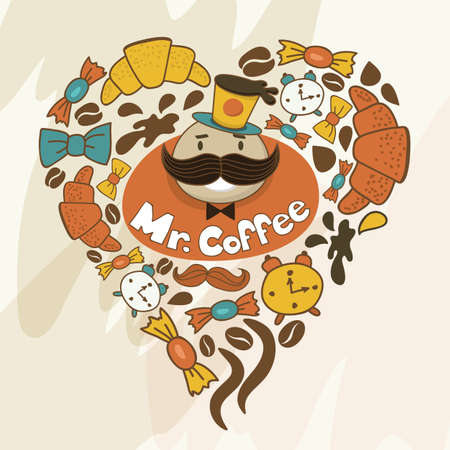 Heart shape made of candy, sweets, cup, lettering, man and coffee things. Vector vintage background.のイラスト素材