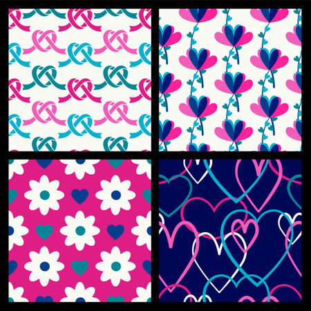 Vector seamless pattern set, flowers and hearts. 
