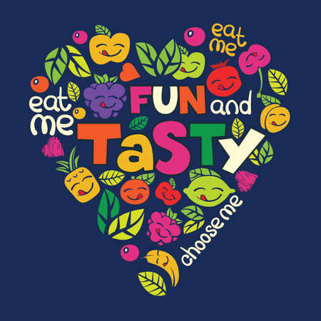 Vector card with funny letters and fruits in heart shape.のイラスト素材