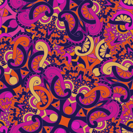 Hand-drawn doodle waves floral pattern, abstract green leaves and flowers. Vector seamless background.のイラスト素材