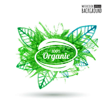Organic product badge on green leaf texture. Watercolor vector illustration background.のイラスト素材