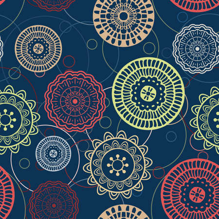 Vector seamless hand-drawn pattern with abstract flowers. Colorful floral background template.