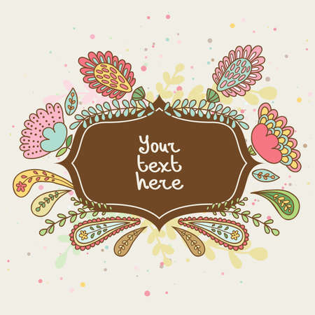 Hand-drawn doodle floral frame, abstract leaves and flowers. Vector background.のイラスト素材