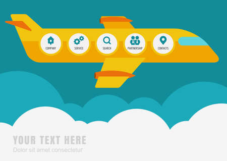 Modern flat website template with yellow plane, responsive vector design.のイラスト素材