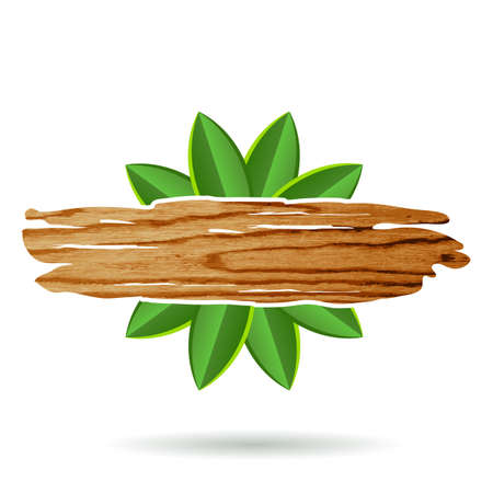 Wooden board with green leaves, decorative element. Vector illustration background.のイラスト素材