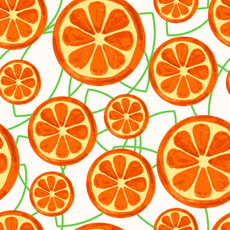 Watercolor orange slices with green leaves, seamless background. Vector illustration.