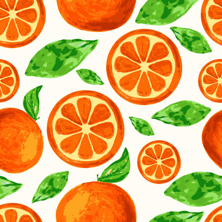 Watercolor orange slices with green leaves, seamless background. Vector illustration.のイラスト素材