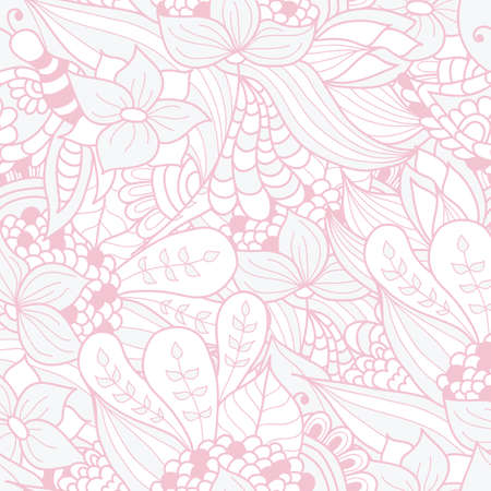 Hand-drawn doodle waves floral pattern, abstract leaves and flowers. Vector seamless background.のイラスト素材