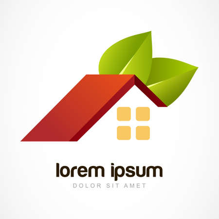 Red house roof with green leaves. Design concept for real estate agencies, hotels, cottages rent, building.のイラスト素材