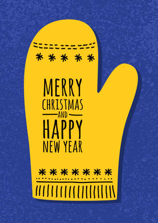 Abstract vector yellow mitten on blue grunge background. Christmas or New Year greeting card, invitation.のイラスト素材
