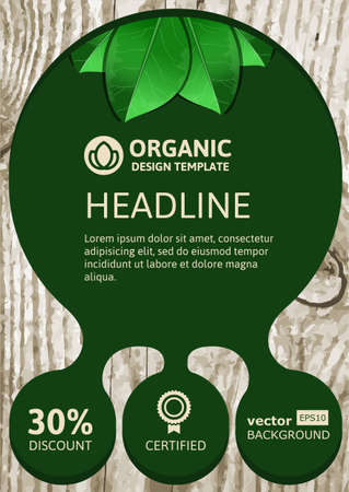Vector nature organic template for brochure, flyer, magazine cover or poster. Eco wooden texture with green leaves background.のイラスト素材