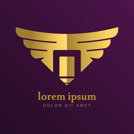 Vector design template. Golden pencil with wings. Concept for art, writer, copywriter, design.のイラスト素材