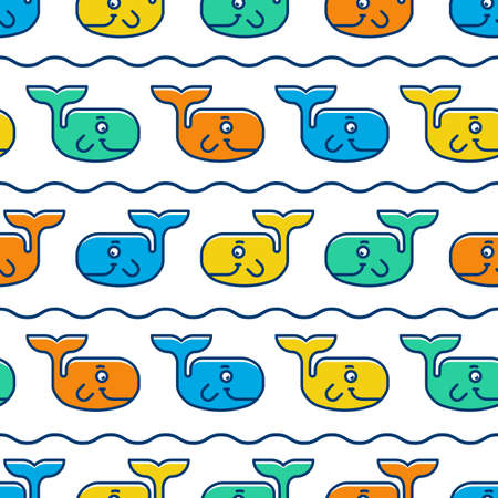 Seamless pattern with colorful smiling whales. Vector illustration background.のイラスト素材