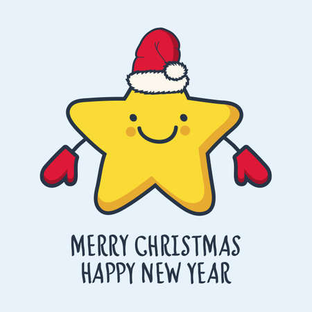 Funny sketching star in hat and mittens. New Year and Christmas greeting card. Vector illustration.のイラスト素材